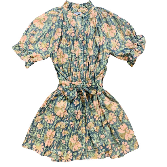 JULIET DUNN Floral Print Lamé Blouson Dress Size 3 Green Orange Button Front EUC - Picture 2 of 7